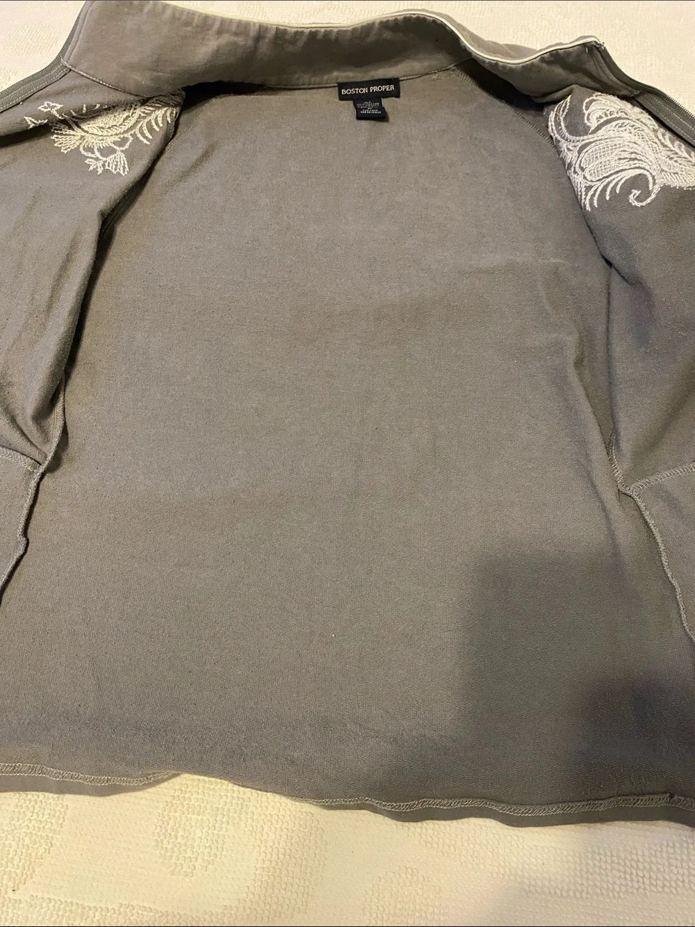 Boston Proper Gray Embroidered Zip Jacket. Pockets on either side.
